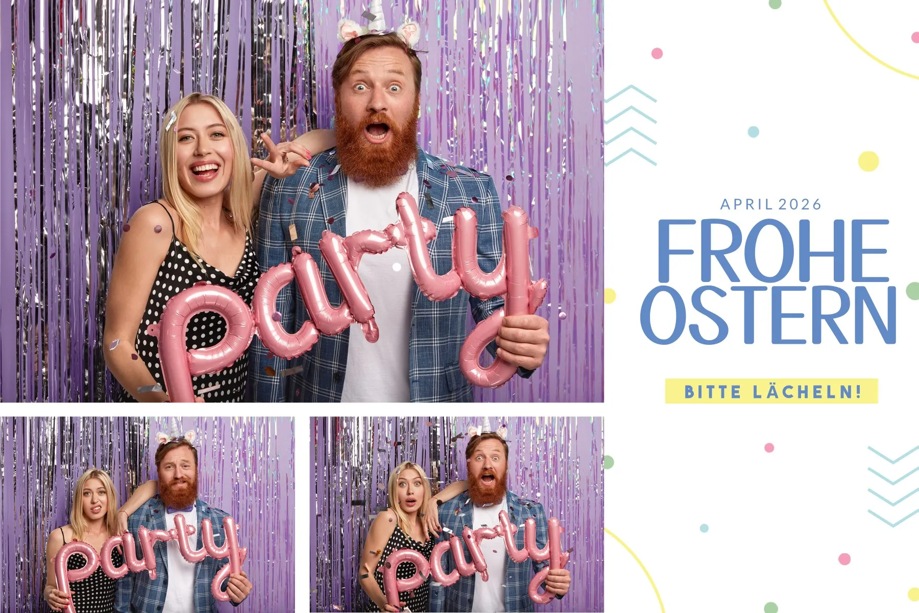Fotobox Layout Osterei Pastell im Standard-Format – Verspieltes Oster-Design mit Pastellfarben und Konfetti-Akzenten für Osterfeiern und Frühlingsfeste