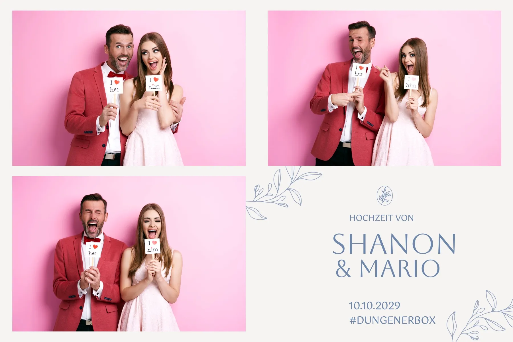 Fotobox Layout Hochzeit Modern Rosa im Standard-Format – Rosafarbener Hintergrund mit blauen Blattmotiven für eine moderne Hochzeit