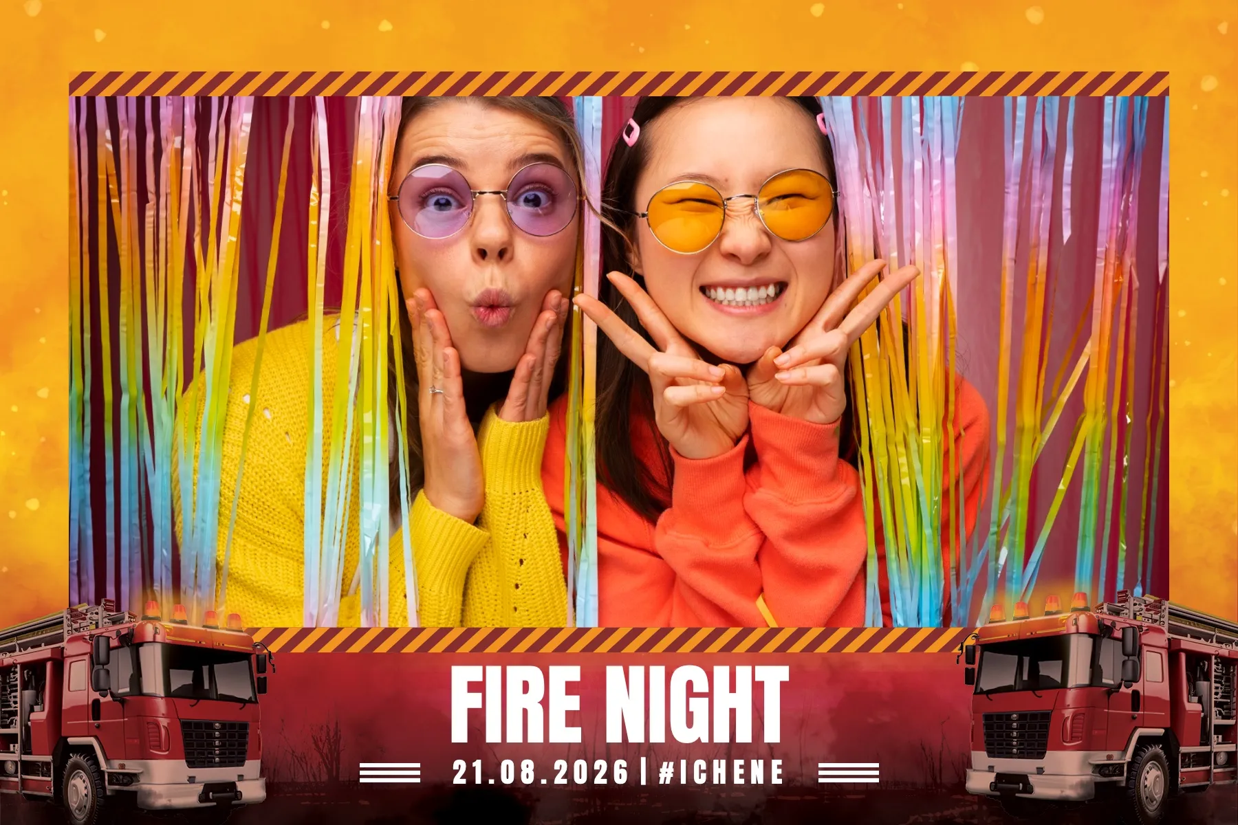 Fotobox Layout Feuerwehrnacht im Standard-Format – Dynamisches Design mit Blaulicht und Feuerwehr-Motiven für den Kameradschaftsabend