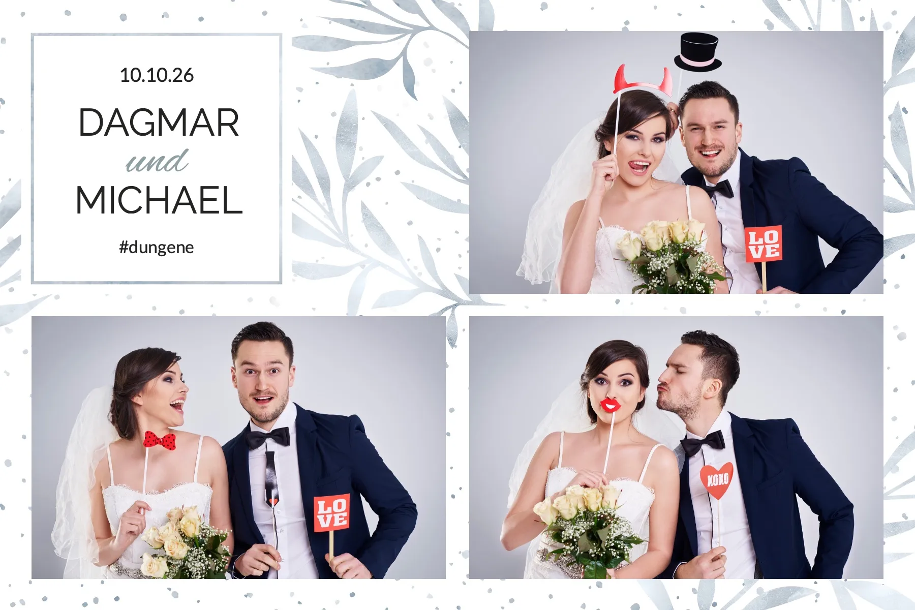 Fotobox Layout Hochzeit Kalligraphie im Standard-Format – Silbergraues Blattmuster mit dezenten Akzenten für eine elegante Hochzeitsfeier