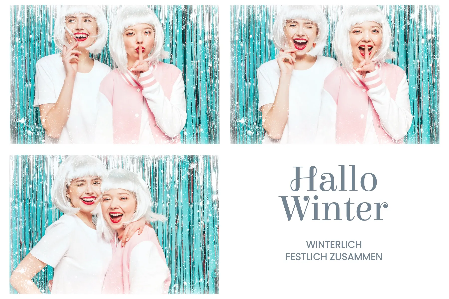 Fotobox Layout Hallo Winter im Standard-Format – Verschneites Winterdesign mit eisblauem Hintergrund und Schneeflocken