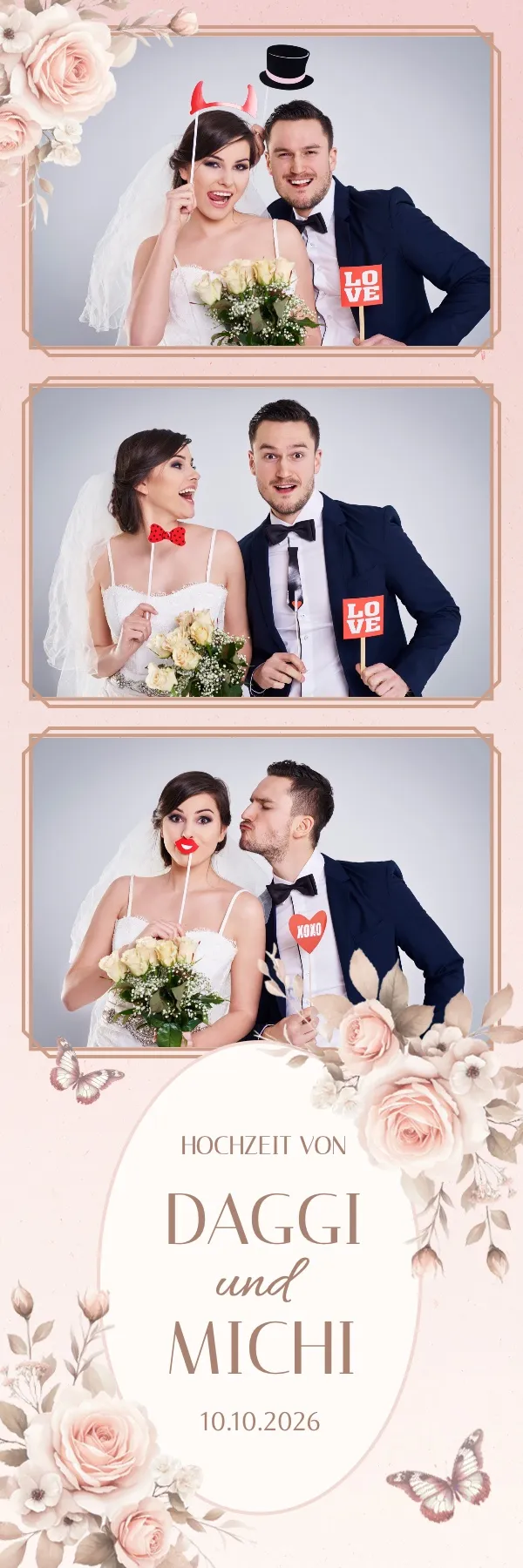 Fotobox Layout Hochzeit Botanisch im Streifen-Format – Frisches Greenery-Design mit Eukalyptus und Olivenzweigen