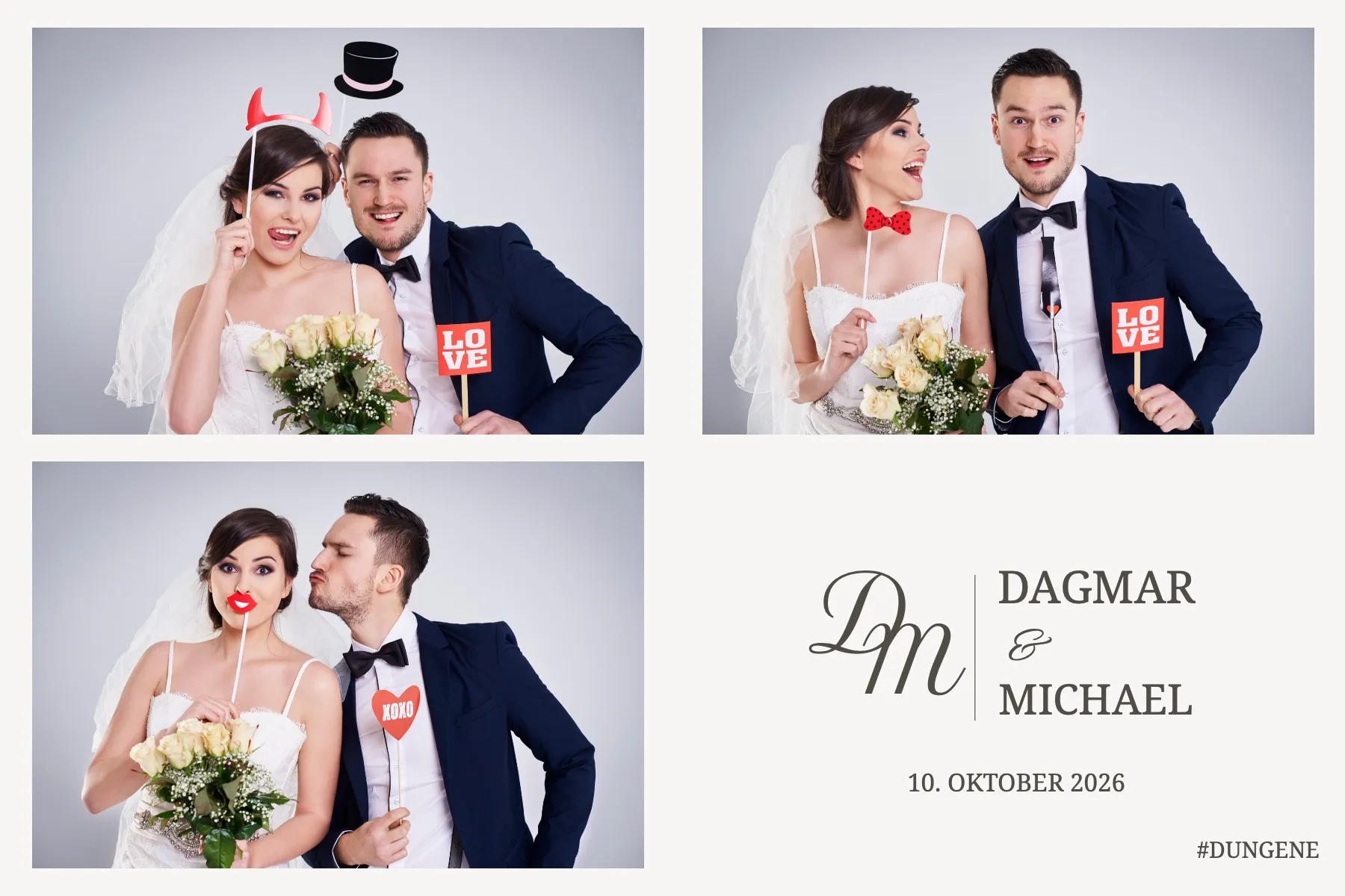 Fotobox Layout Hochzeit Formal im Standard-Format – Schlichtes Grau-Design mit Monogramm-Initialen für eine formelle Hochzeitsfeier