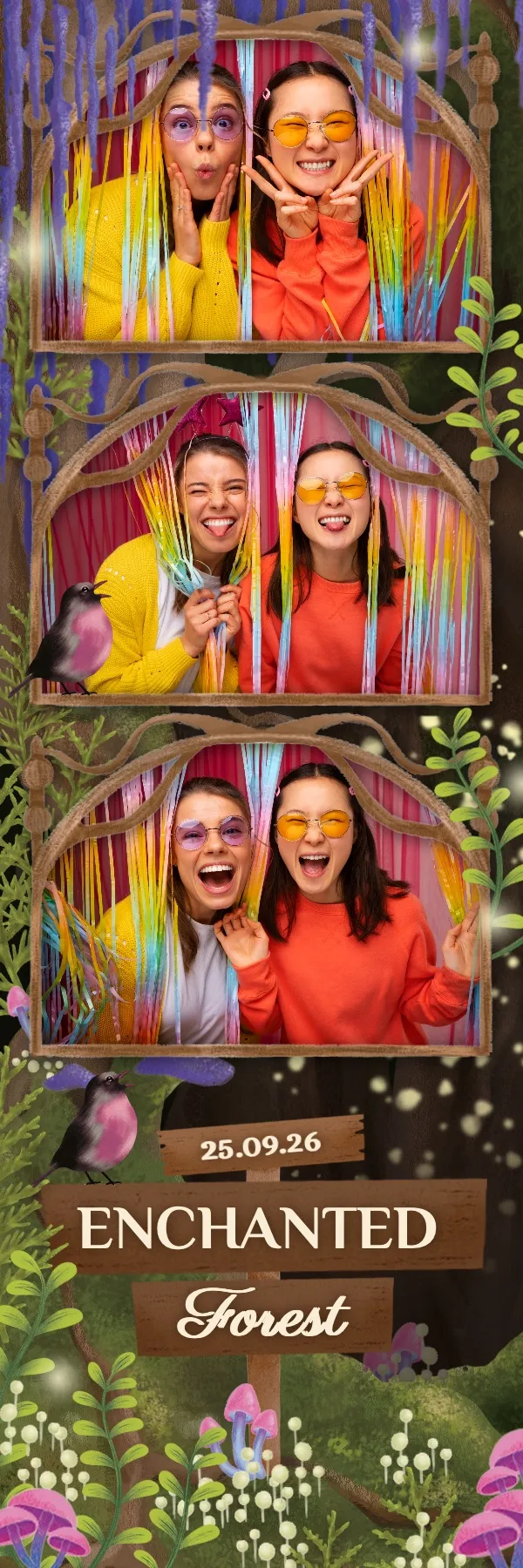 Fotobox Layout Zauberwald im Streifen-Format – Mystisches Walddesign mit Glühwürmchen und verwunschener Atmosphäre