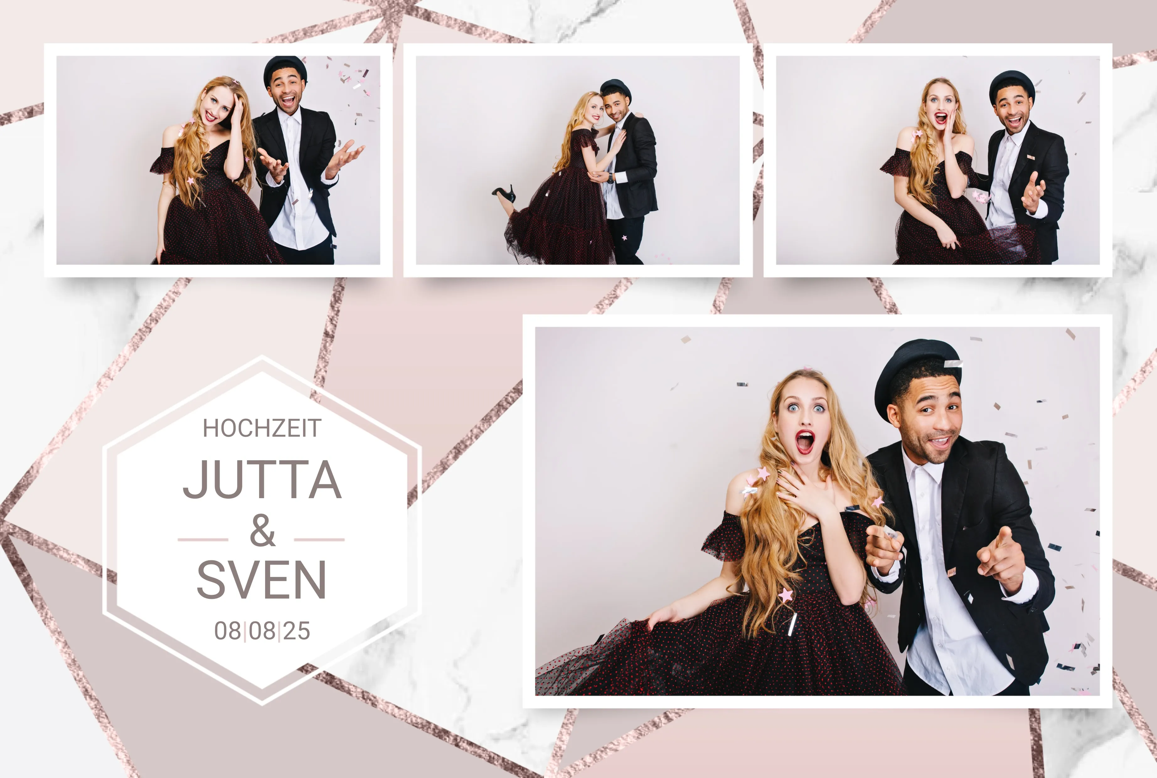 Fotobox Layout Roségold & Marmor im Standard-Format – Zarte Marmor-Optik mit roségoldenen Akzenten für eine romantische Hochzeit