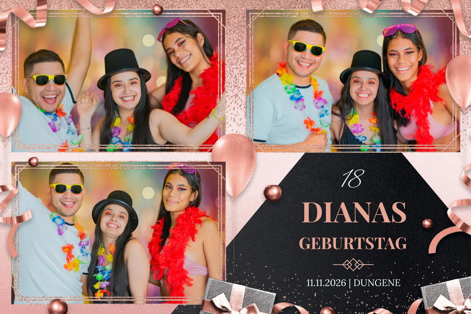 Fotobox Layout Roségold Glamour im Standard-Format – Festlicher Roségold-Rahmen mit Glitzer und Schleifen für elegante Geburtstagsfeiern