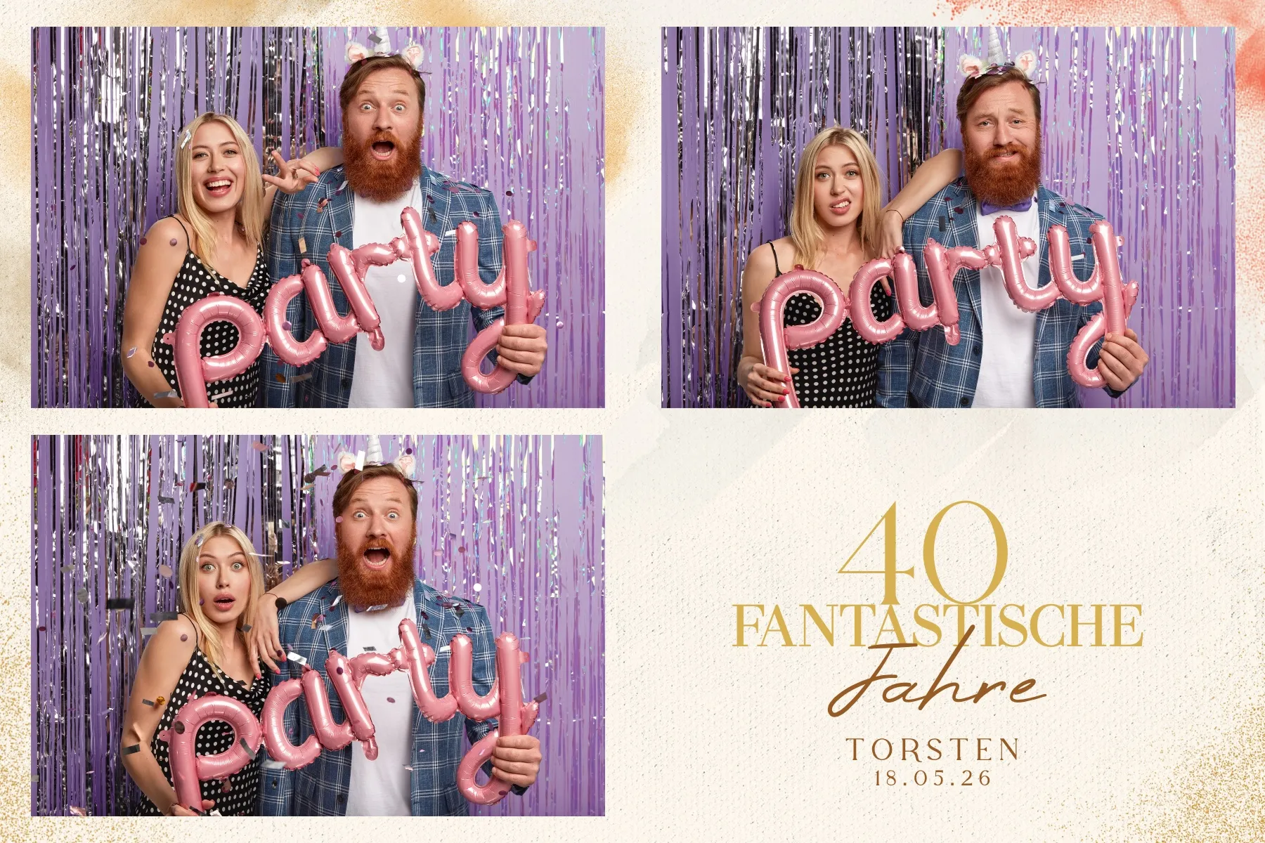 Fotobox Layout Marmor & Glitzer im Standard-Format – Glamouröses Gold-Design mit Glitzerakzenten auf hellem Marmor für stilvolle Geburtstagsfeiern