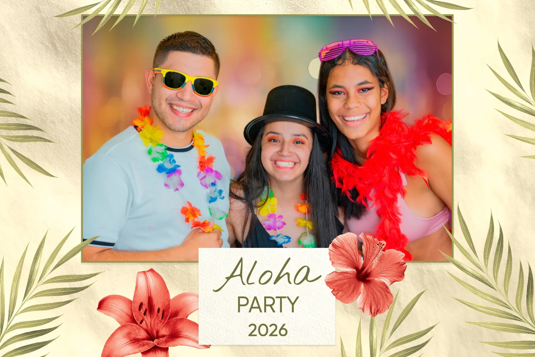 Fotobox Layout Aloha Tropicana im Standard-Format – Hawaiianisches Partydesign mit Palmen und tropischen Blüten