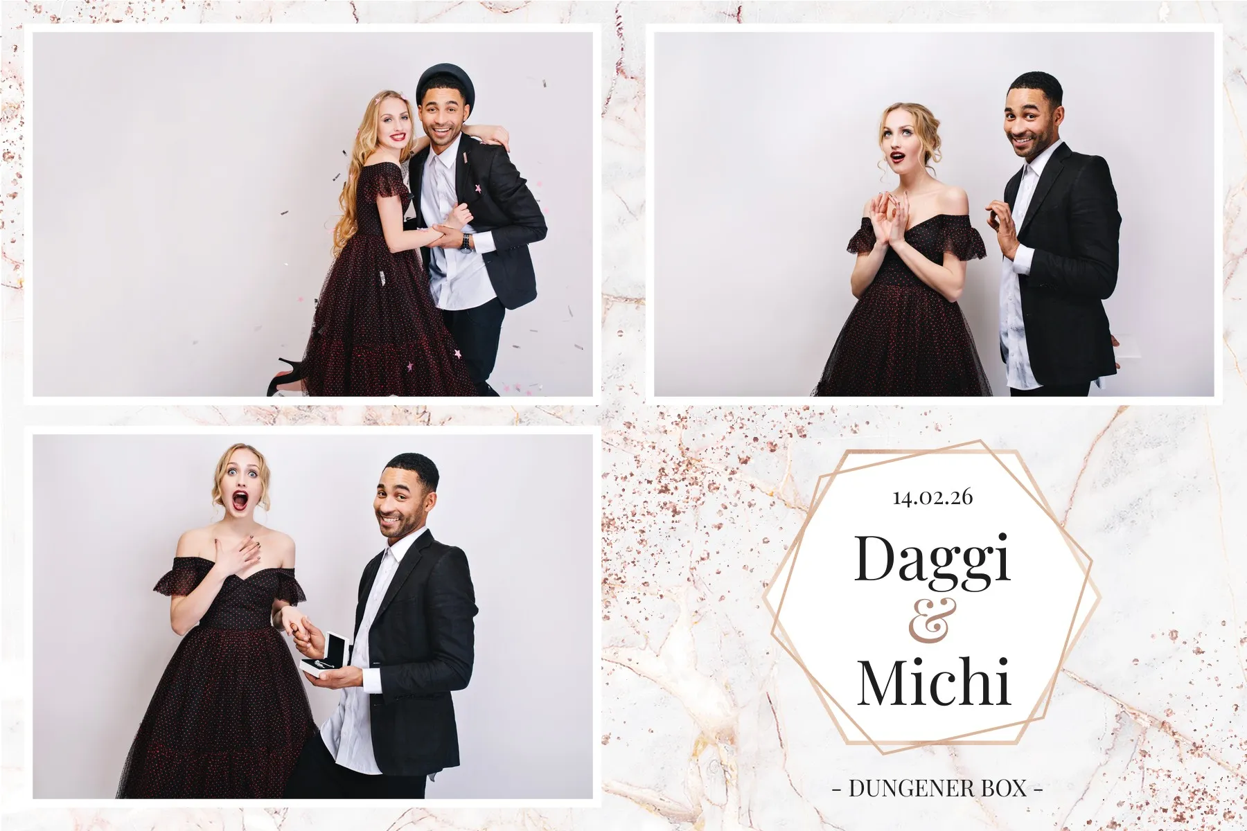 Fotobox Layout Marmor Minimal im Standard-Format – Heller Marmor mit roségoldenem geometrischem Rahmen für eine moderne Hochzeit