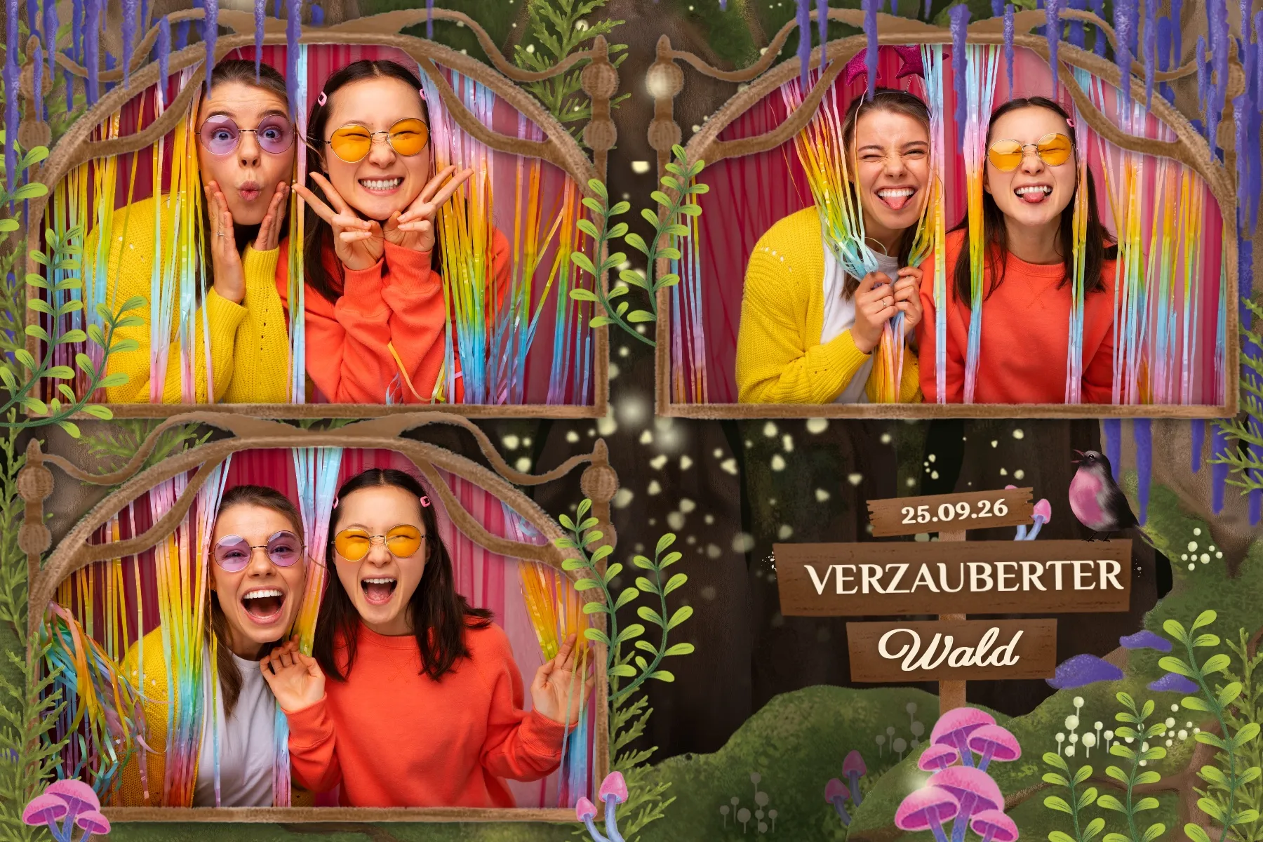Fotobox Layout Zauberwald im Standard-Format – Mystisches Walddesign mit Glühwürmchen und verwunschener Atmosphäre