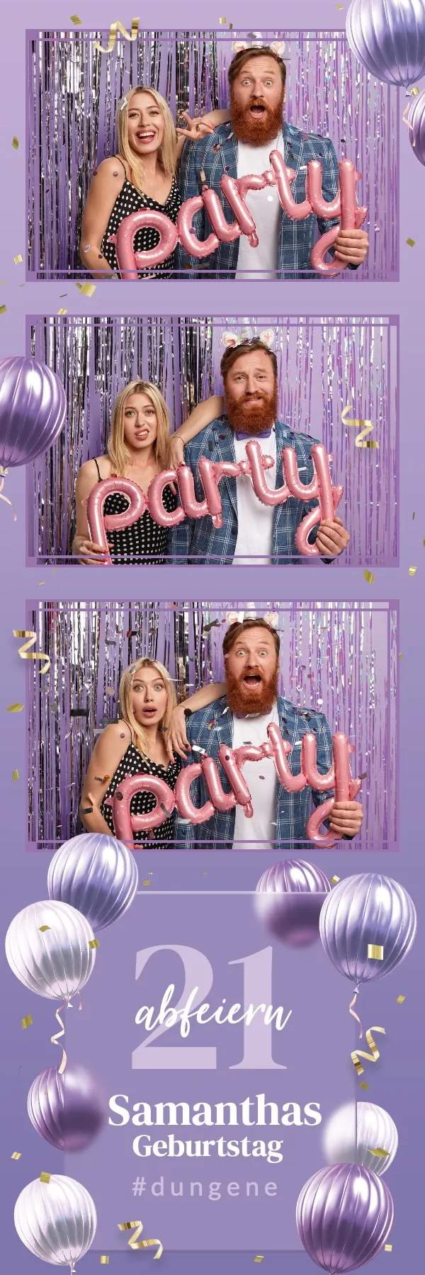 Fotobox Layout Flieder Ballonparty im Streifen-Format – Fliederfarbenes Design mit silbernen Ballons und Konfetti für die perfekte Geburtstagsparty