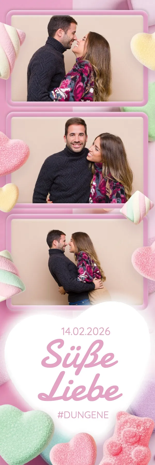 Fotobox Layout Zuckersüß im Streifen-Format – Pastellfarbenes Design mit Zuckerherzen und Süßigkeiten für romantische Anlässe