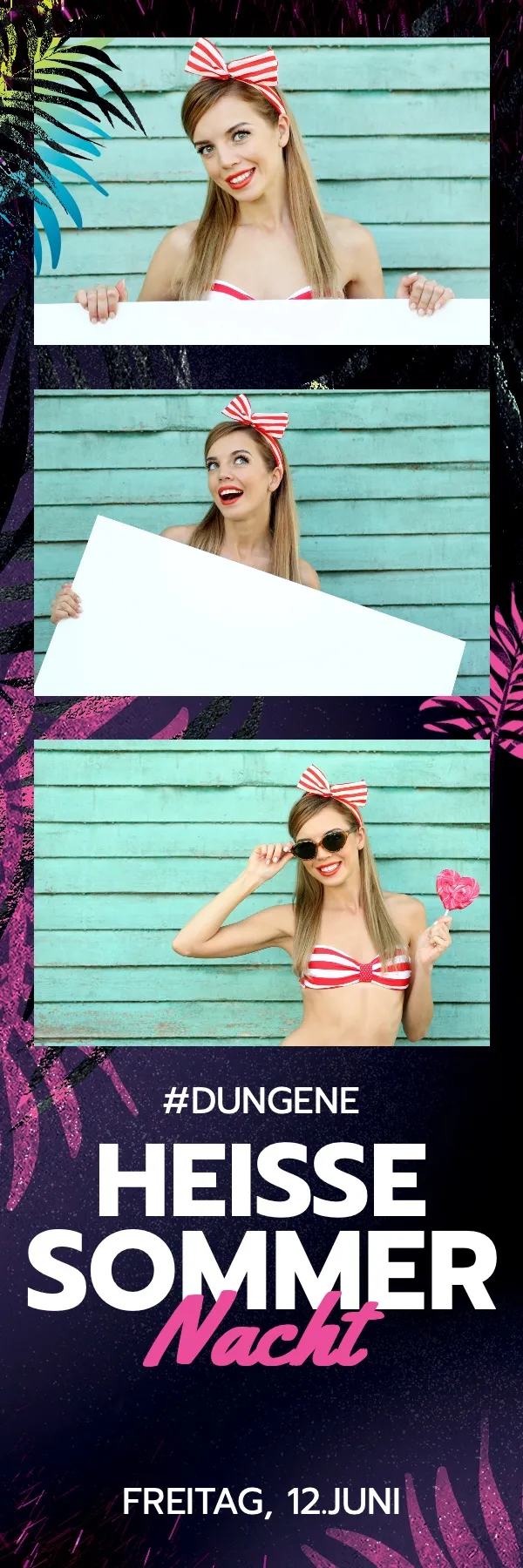 Fotobox Layout Tropenfieber im Streifen-Format – Tropisches Design mit Palmen, Flamingos und exotischen Blüten