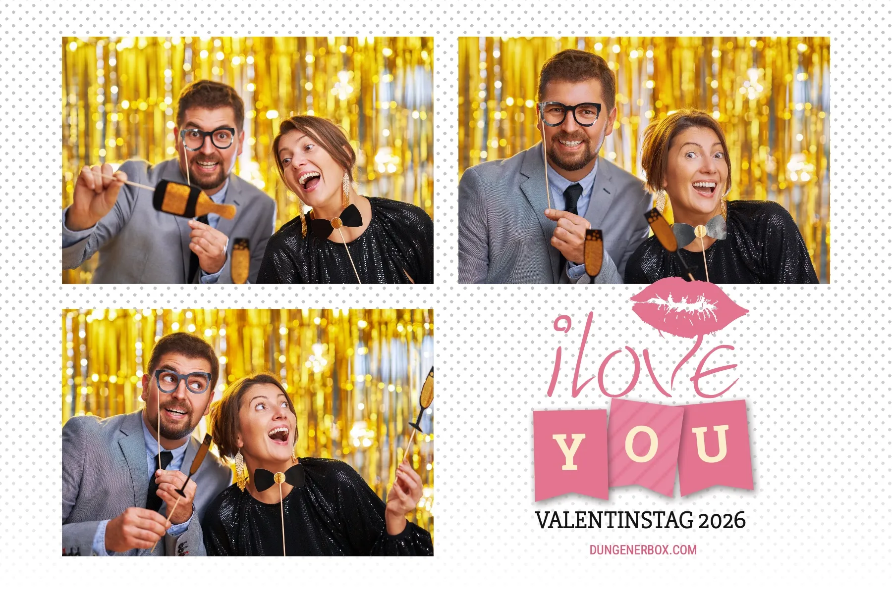 Fotobox Layout I Love You im Standard-Format – Rosa I-Love-You-Schriftzug mit Kussmund auf gepunktetem Hintergrund für romantische Anlässe