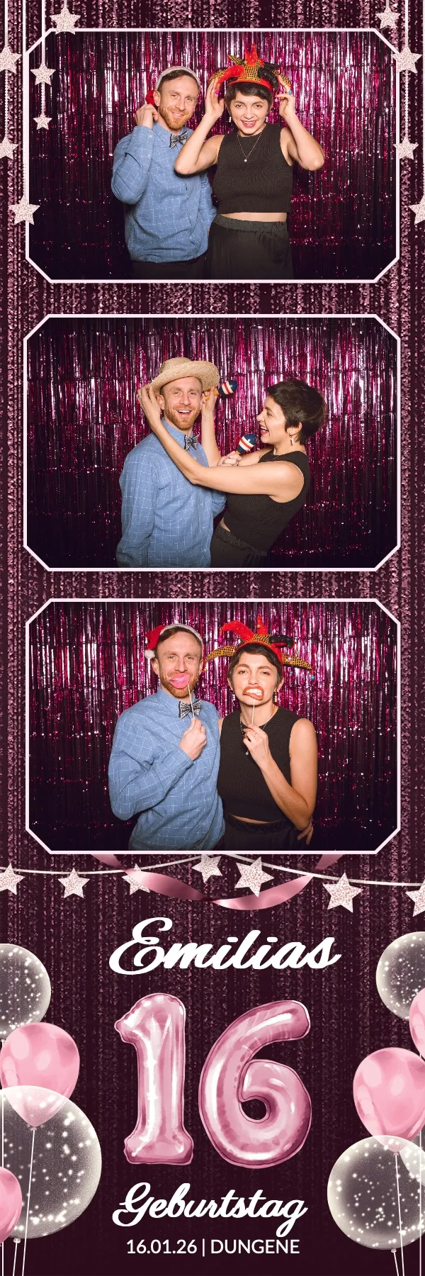 Fotobox Layout Sweet 16 Pink im Streifen-Format – Funkelndes Pink-Design mit Sternen und Glitzervorhang – die Zahl 16 ist als Folienballon fester Bestandteil des Layouts