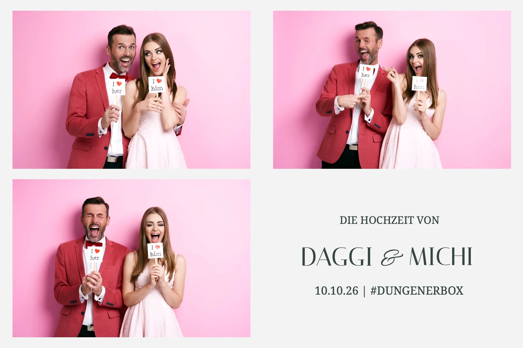 Fotobox Layout Hochzeit Traditionell im Standard-Format – Rosafarbener Hintergrund mit eleganter Serifenschrift für eine traditionelle Hochzeitsfeier