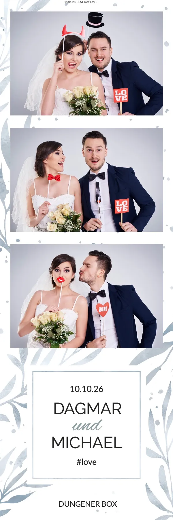Fotobox Layout Hochzeit Kalligraphie im Streifen-Format – Silbergraues Blattmuster mit dezenten Akzenten für eine elegante Hochzeitsfeier