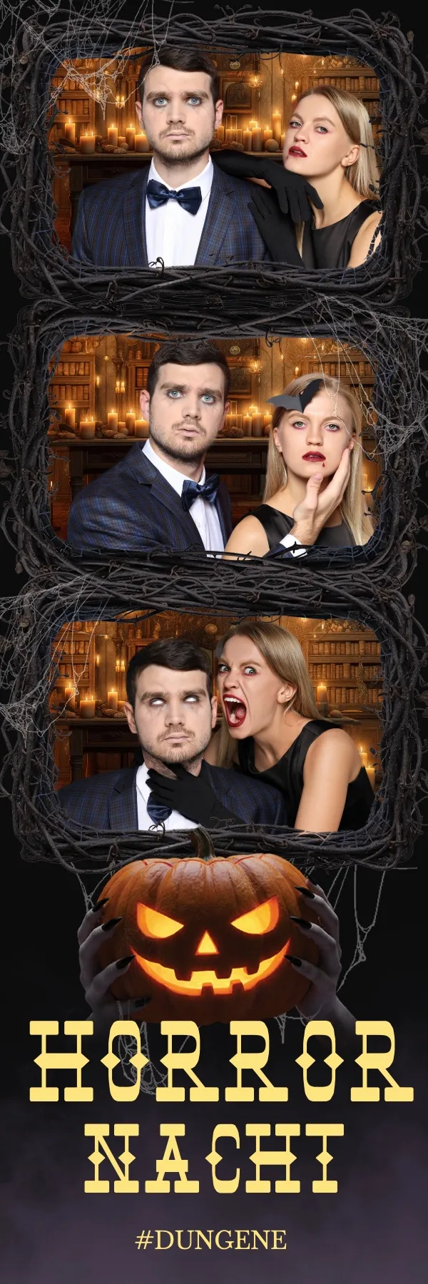 Fotobox Layout Gruselnacht im Streifen-Format – Düstere Halloween-Nacht mit Spukhaus und Vollmond