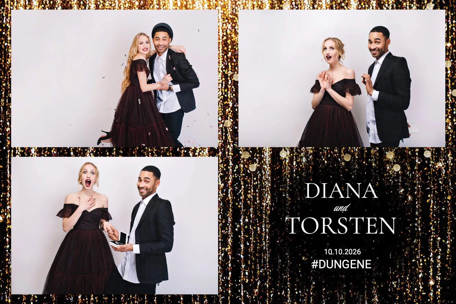 Fotobox Layout Schwarz & Gold im Standard-Format – Glamouröses Schwarz-Gold-Design mit Glitzerrahmen für eine festliche Hochzeit