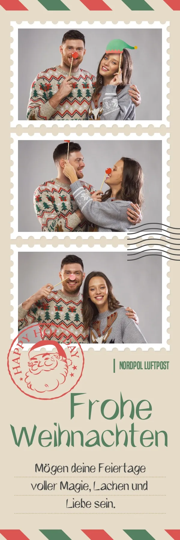 Fotobox Layout Weihnachtspost im Streifen-Format – Nostalgisches Luftpost-Design mit Briefmarken und Wintermotiven