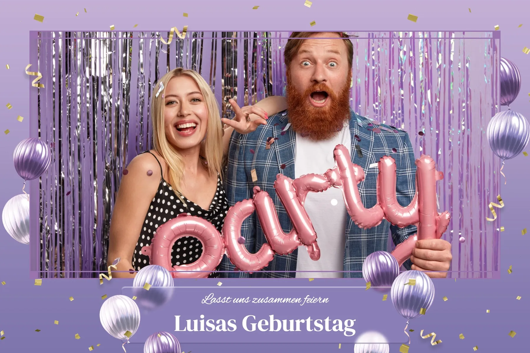 Fotobox Layout Flieder Ballonparty im Standard-Format – Fliederfarbenes Design mit rosa Ballonschrift und Konfetti für die perfekte Geburtstagsparty