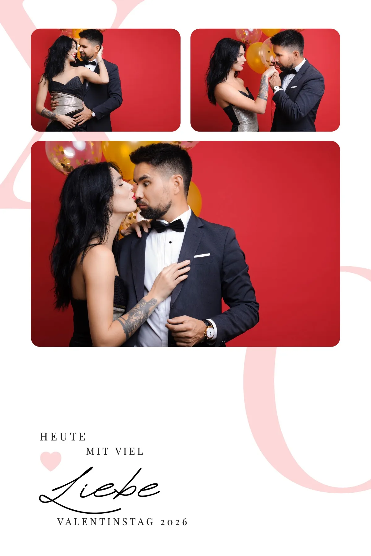 Fotobox Layout Liebestraum im Standard-Format – Elegantes Rot-Weiß-Design mit Herz-Akzenten und Schnörkelschrift für romantische Anlässe