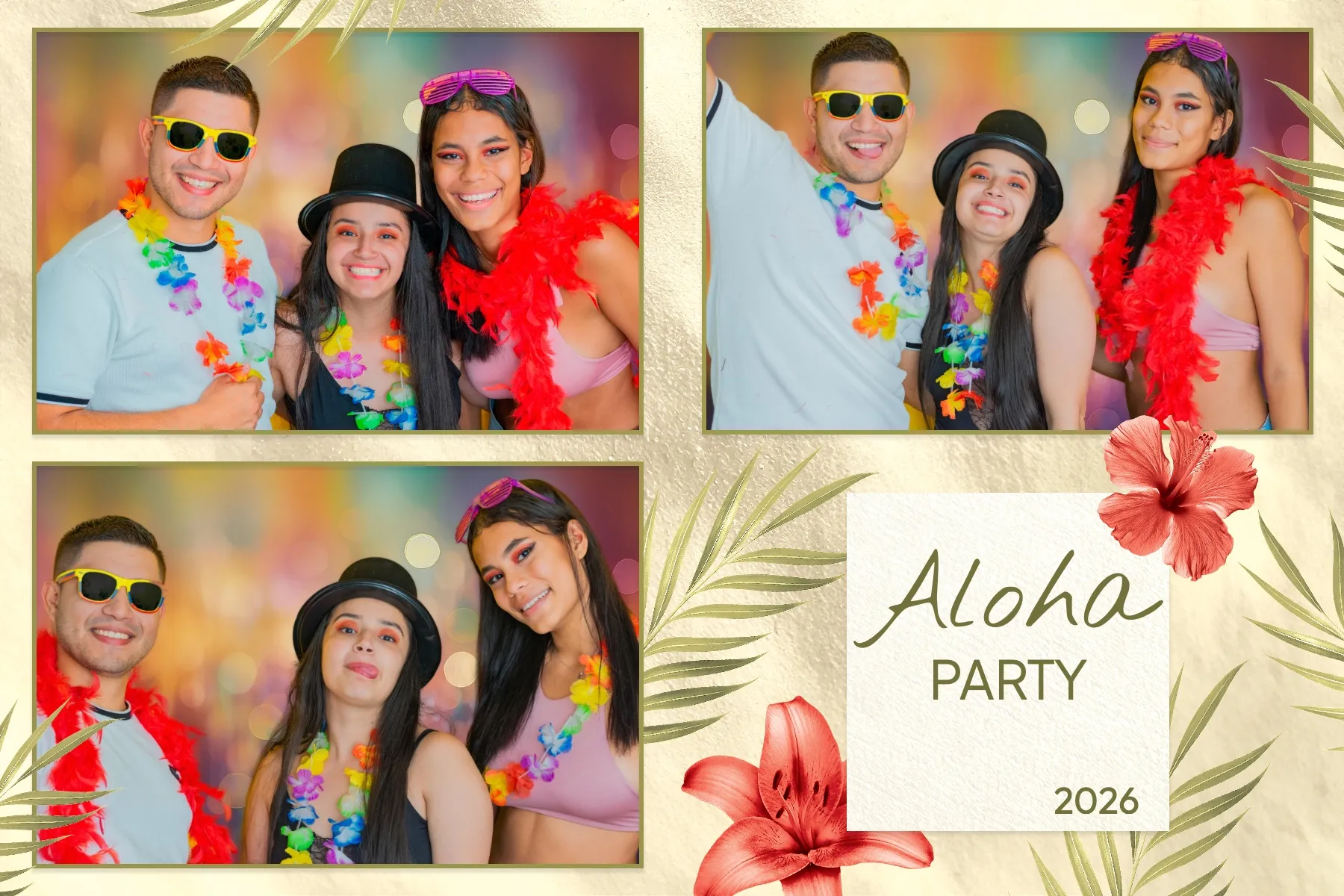 Fotobox Layout Aloha Tropicana im Standard-Format – Hawaiianisches Partydesign mit Palmen und tropischen Blüten