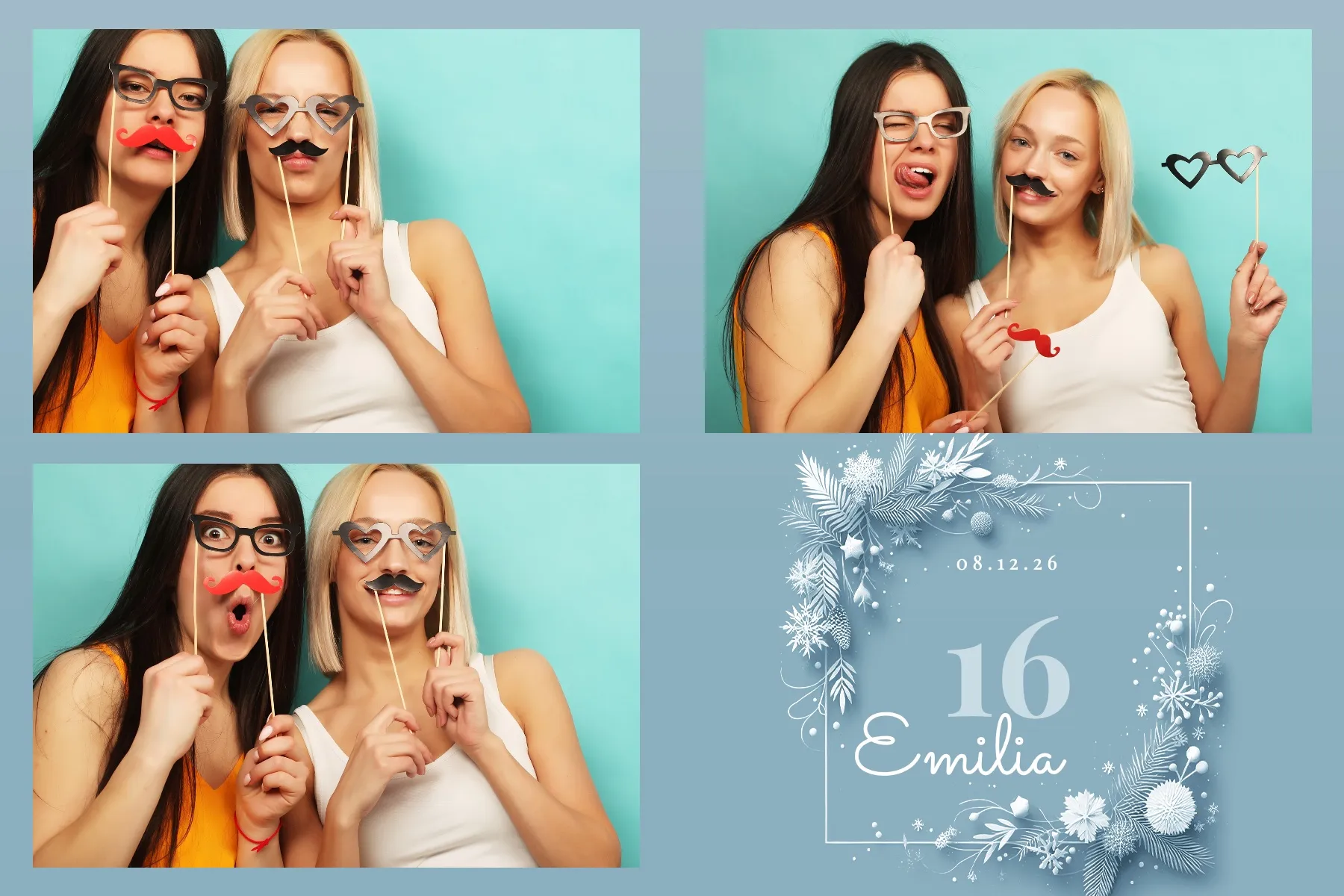 Fotobox Layout Eisblau Winterblüte im Standard-Format – Zartes Eisblau-Design mit floralen Schneekristallen – perfekt für winterliche Geburtstagsfeiern