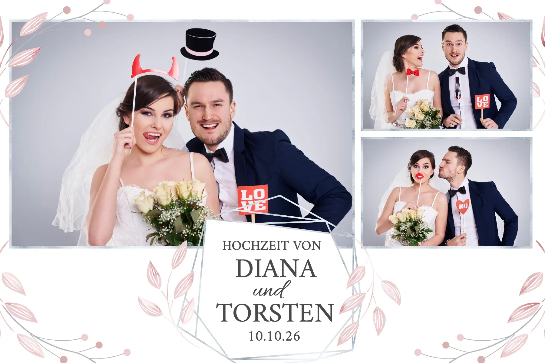 Fotobox Layout Hochzeit Klassisch im Standard-Format – Sanftes Blattdesign in Grautönen mit zarten Punkten für eine klassische Hochzeit