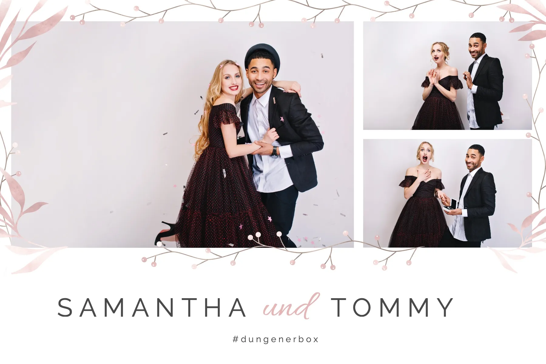Fotobox Layout Hochzeit Allura im Standard-Format – Zartes Design mit roségoldenen Blätterzweigen und Perlen für eine romantische Hochzeitsfeier