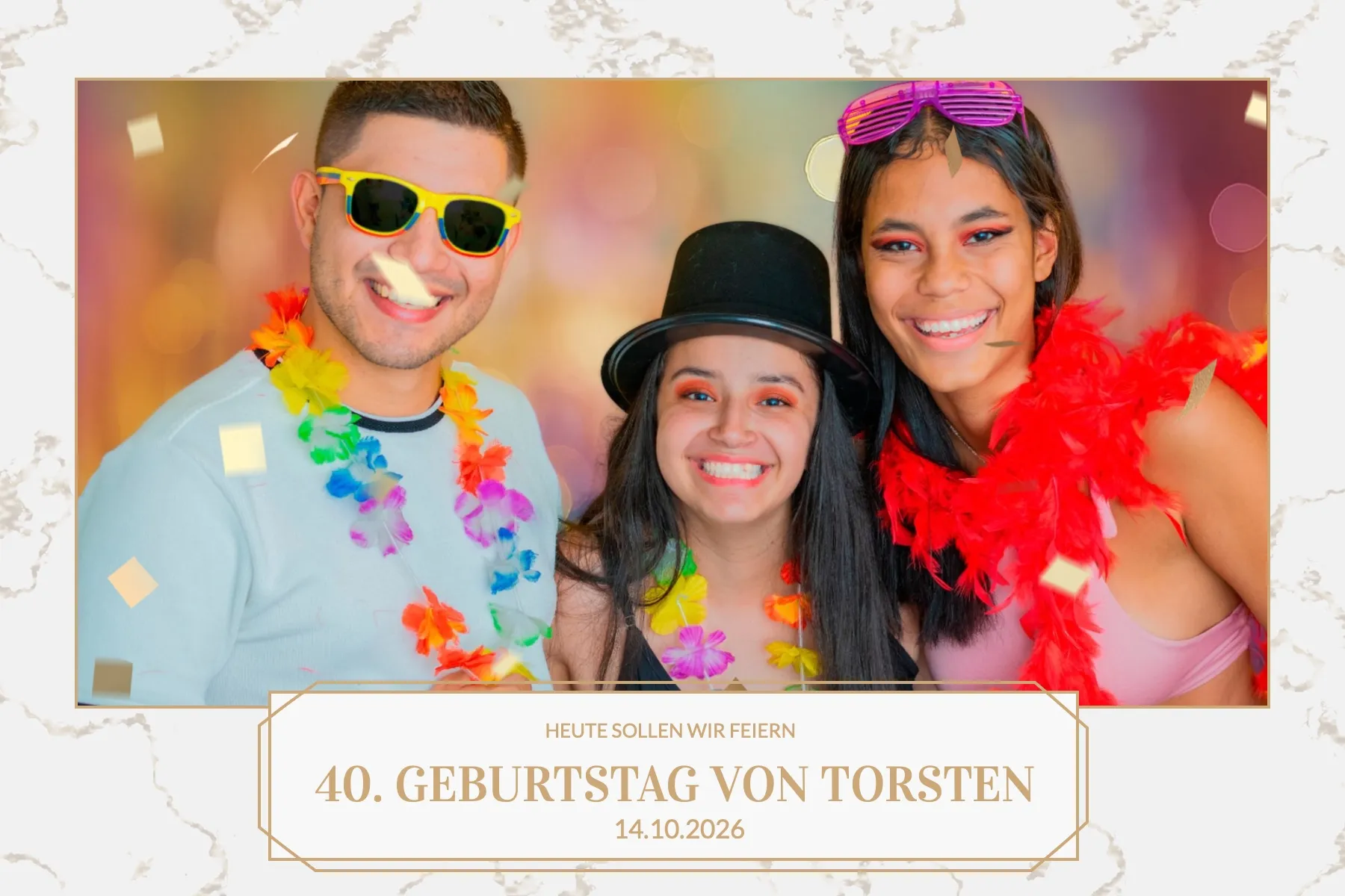 Fotobox Layout Marmor & Konfetti im Standard-Format – Elegantes Marmor-Design mit goldenem Konfetti und feinem Rahmen für besondere Geburtstage