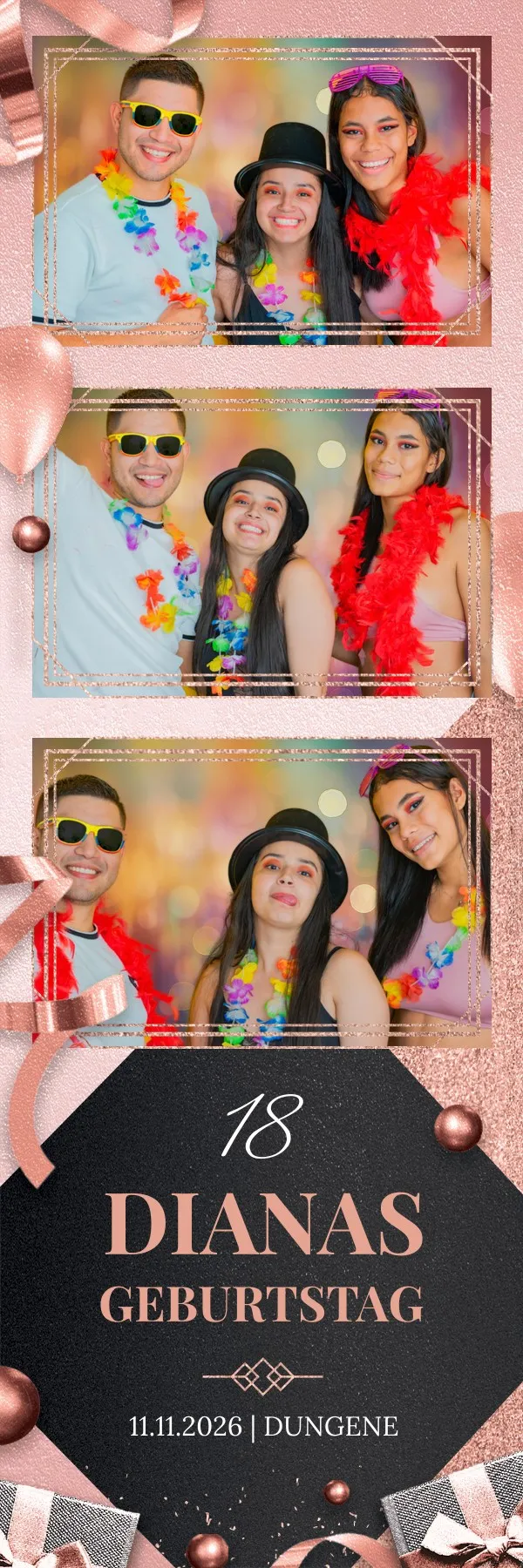 Fotobox Layout Roségold Glamour im Streifen-Format – Festlicher Roségold-Rahmen mit Glitzer und Schleifen für elegante Geburtstagsfeiern