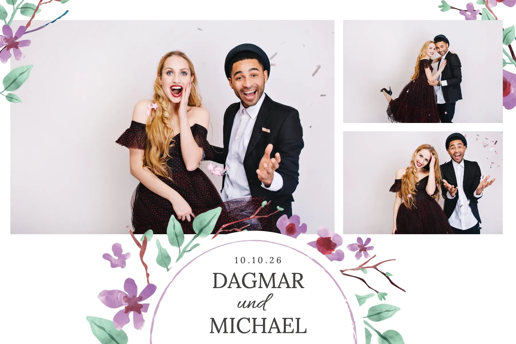 Fotobox Layout Hochzeit Aquarell-Blüten im Standard-Format – Aquarell-Blüten in Violett und Grün mit zartem Blütenkranz für eine natürliche Hochzeit
