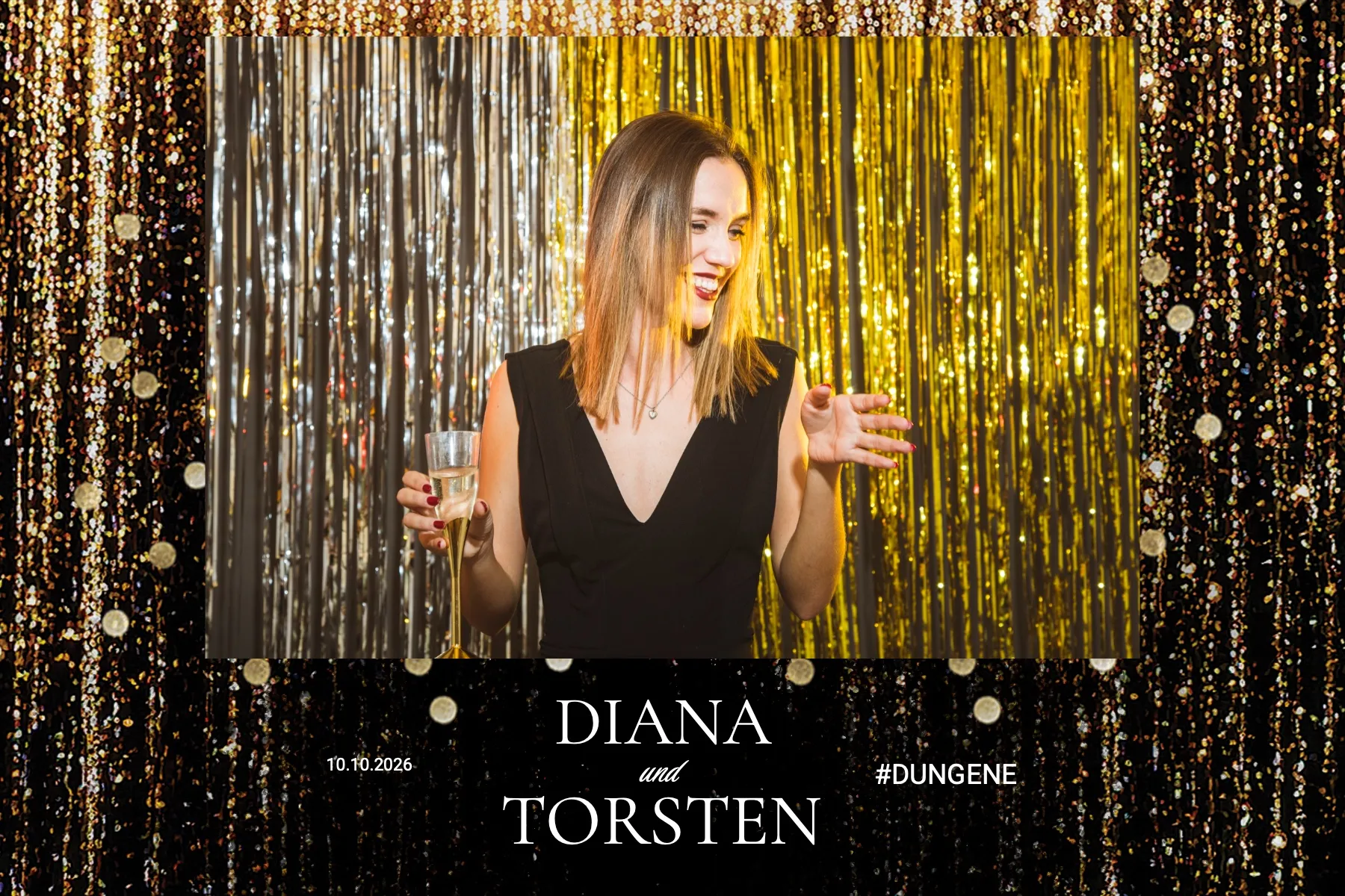 Fotobox Layout Schwarz & Gold im Standard-Format – Glamouröses Schwarz-Gold-Design mit Glitzervorhang für eine festliche Hochzeit