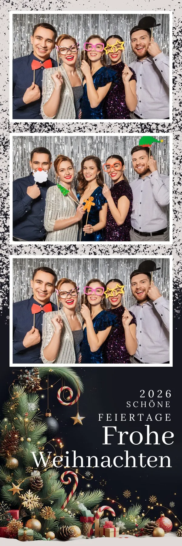 Fotobox Layout Frohe Weihnachten im Streifen-Format – Klassisches Weihnachtsdesign mit Schnee, Tannenbaum und festlicher Stimmung