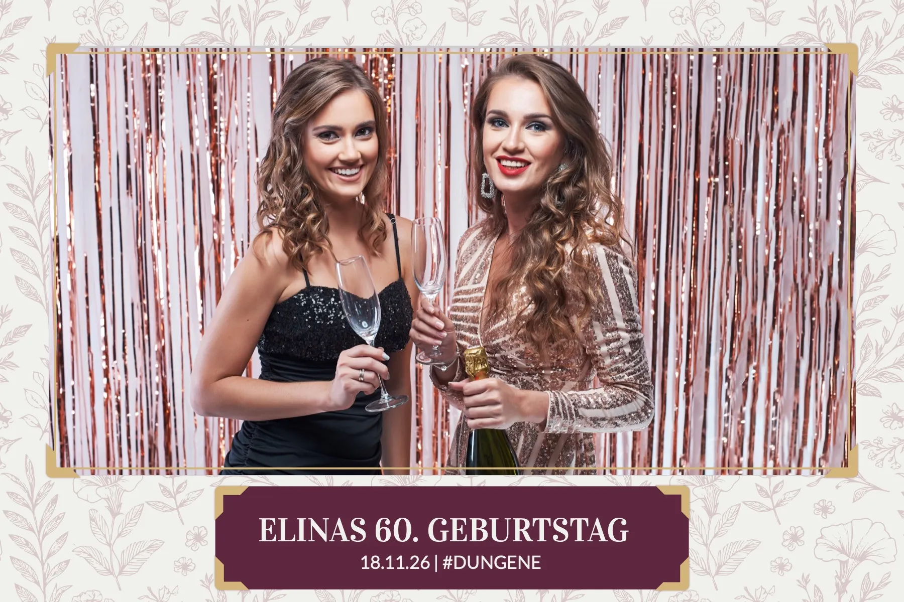 Fotobox Layout Bordeaux Elegant im Standard-Format – Bordeauxrotes Design mit Roségold-Glitzervorhang für eine elegante Geburtstagsfeier