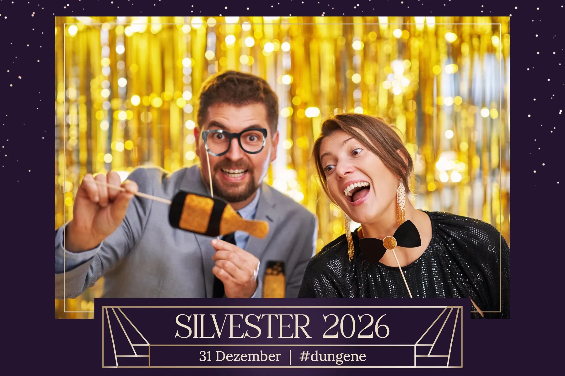 Fotobox Layout Neujahrsglanz im Standard-Format – Elegantes Silvesterdesign mit Feuerwerk und goldenen Akzenten