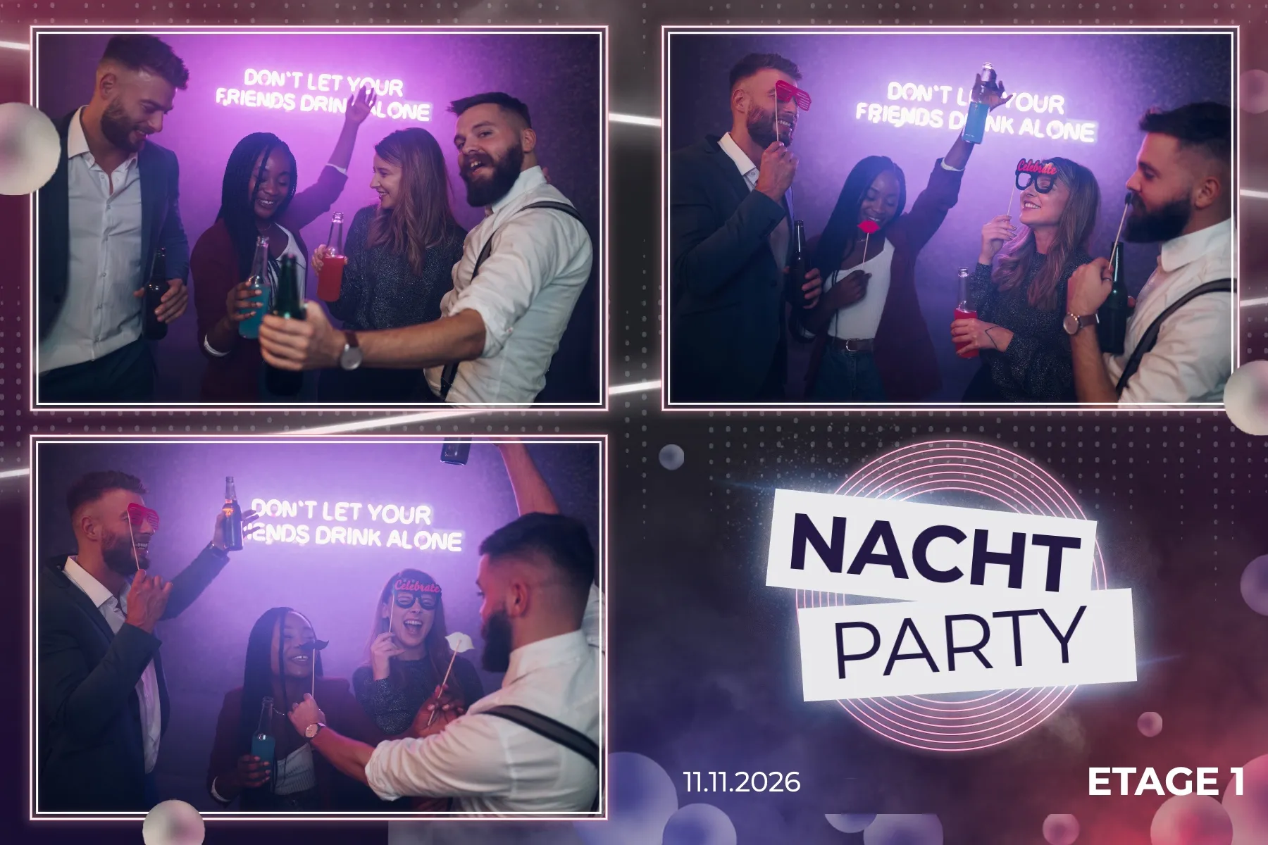 Fotobox Layout Nachtclub Party im Standard-Format – Dunkles Club-Design mit Neon-Lichteffekten und Lichtkugeln für die Partynacht