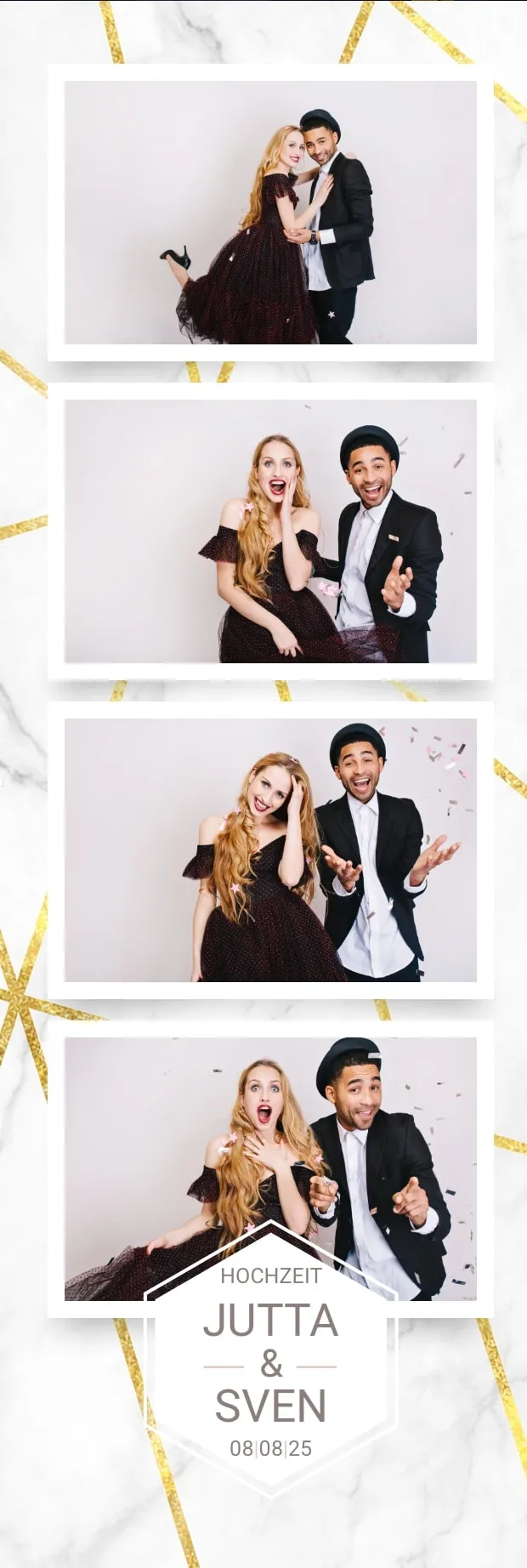 Fotobox Layout Marmor & Gold im Streifen-Format – Weißer Marmor mit goldenen geometrischen Linien für eine moderne Hochzeit