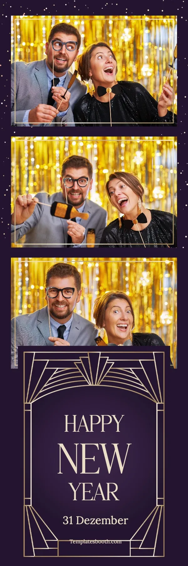 Fotobox Layout Neujahrsglanz im Streifen-Format – Elegantes Silvesterdesign mit Feuerwerk und goldenen Akzenten