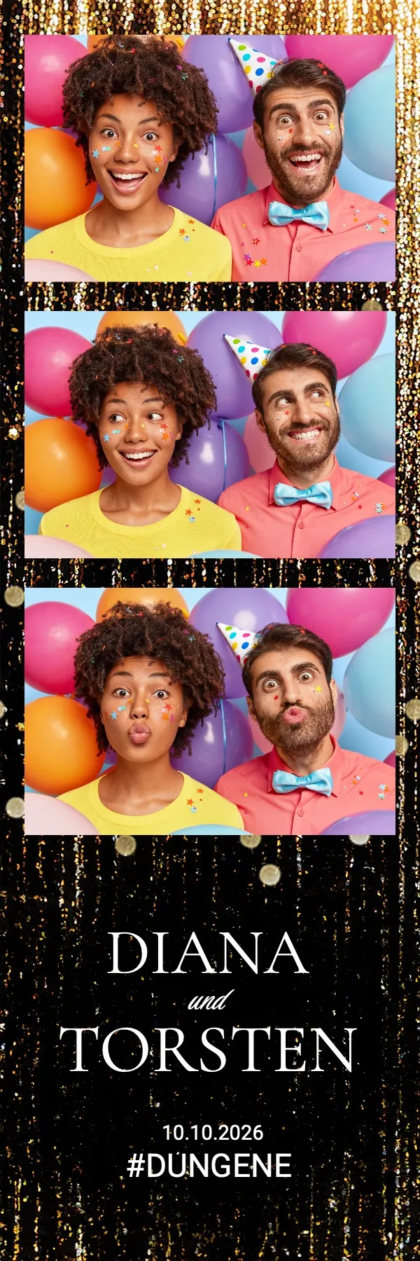 Fotobox Layout Schwarz & Gold im Streifen-Format – Glamouröses Schwarz-Gold-Design mit Glitzervorhang für eine festliche Hochzeit